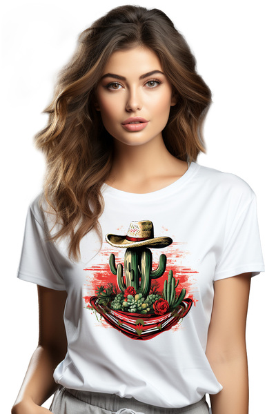 StoryGift Romania Tricou Femei cu un peisaj din Vestul Salbatic, cactus, palarie de cowbow, ilustr WHT_L