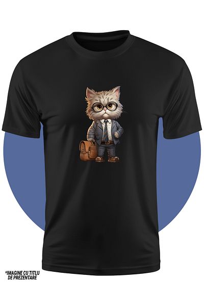 StoryGift Romania Tricou Copii Cu Un Motan La Costum, Ilustratie, Servieta, Ochelari, Pentru Iubitorii De Pi