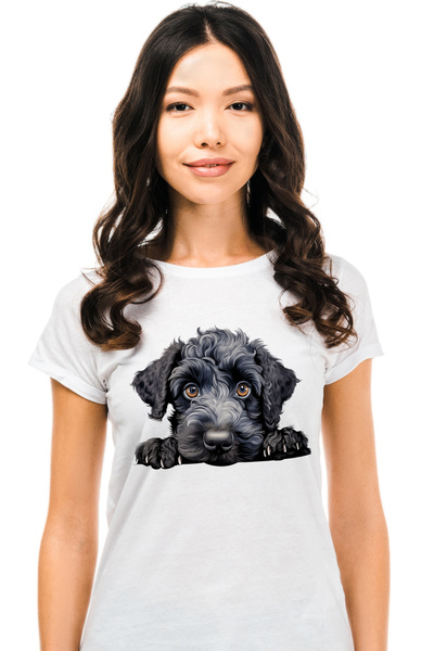 StoryGift Romania Tricou Femei cu un caine negru, ilustratie, privire cam tri...