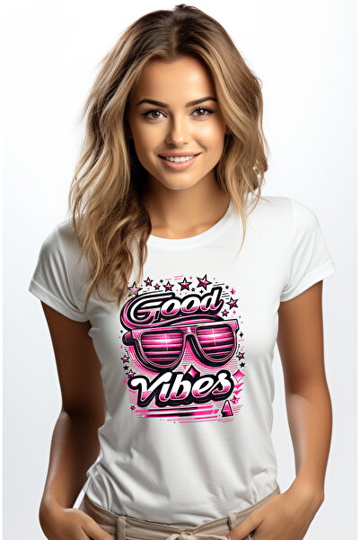 StoryGift Romania Tricou Femei cu mesajul "Good vibes", ilustratie, stil retro, vechi, ochelari de WHT_L