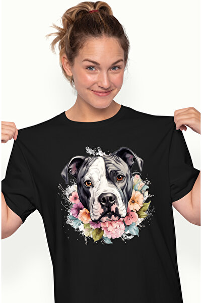 StoryGift Romania Tricou Femei cu un caine Boxer, ilustratie, flori de diverse culori, serios, pen BLK_L