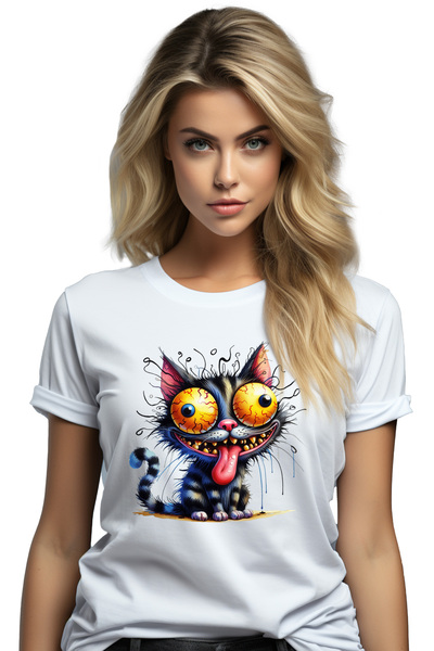 StoryGift Romania Tricou Femei cu o pisica ciudata, ilustratie, arata de parc...