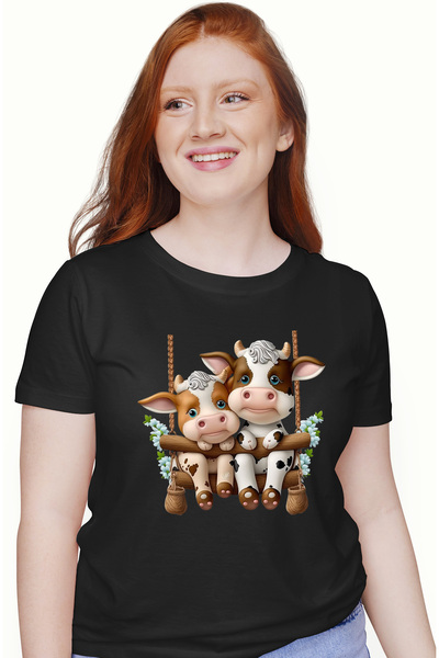 StoryGift Romania Tricou Femei cu 2 vacute care se dau in leagan, ilustratie,...