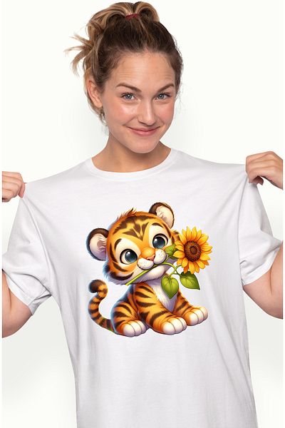 StoryGift Romania Women's T-shirt with a tiger cub holding a flower, illustration, sunflower WHT_L