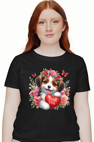 StoryGift Romania Tricou Femei cu un catelus inconjurat de flori cu mesajul "Love You", fluturasi, BLK_M