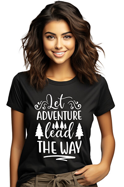 StoryGift Romania Tricou Femei cu brazi si mesajul in engleza "Let adventure lead the way" - lasa BLK_L