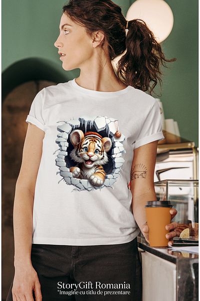 StoryGift Romania Women's T-shirt with a cheerful tiger cub sticking its head out of a collapsed wall WHT_L