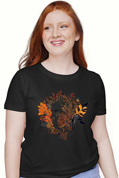 StoryGift Romania Tricou Femei cu o fata de femeie, ilustratie, frunze portoc...