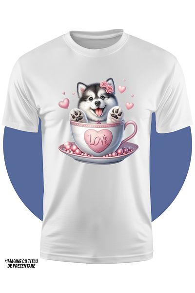 StoryGift Romania Tricou Copii Cu Un Catel Malamut De Alaska, Sta Intr-o Ceasca, Flori, Valentine's Day, Voi