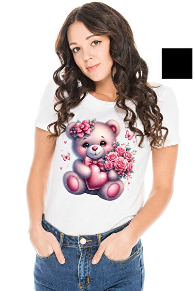 StoryGift Romania Tricou Femei cu un ursulet vesel, ilustratie, tine o inima ...