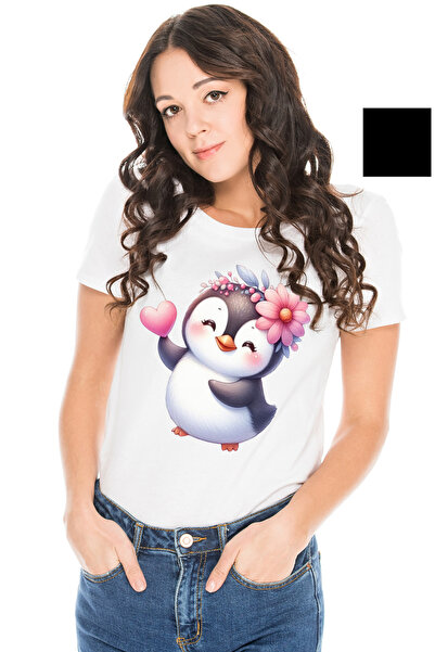 StoryGift Romania Tricou Femei cu un pinguin bucuros, ilustratie, inimioara, ...