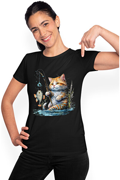 StoryGift Romania Tricou Femei cu o pisicuta care pescuieste, ilustratie, und...