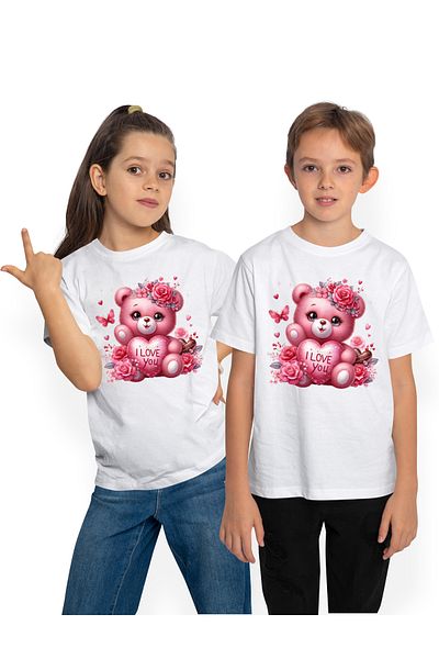 StoryGift Romania Tricou Copii Cu O Ursoaica De Plus Care Tine O Inima Cu Mesajul "i Love You", Ilustratie,