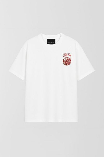 THE RULE Tricou unisex Stüssy Kiss imprimat supradimensionat, 100% bumbac, cu croială largă, texturizat, alb, cu decolteu, RF0512