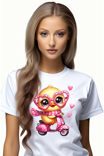 StoryGift Romania Tricou Femei cu un puisor de gaina care merge cu scuterul, ilustratie, plimbare, WHT_M