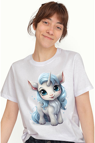 StoryGift Romania Tricou Femei cu un unicorn care zambeste, ilustratie, micut, imbujorata, coama l WHT_L