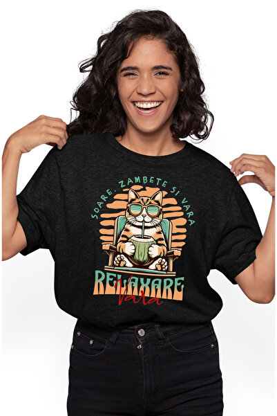 StoryGift Romania Tricou Femei Pisica pe Sezlong cu un Cocktail - Soare Zambe...