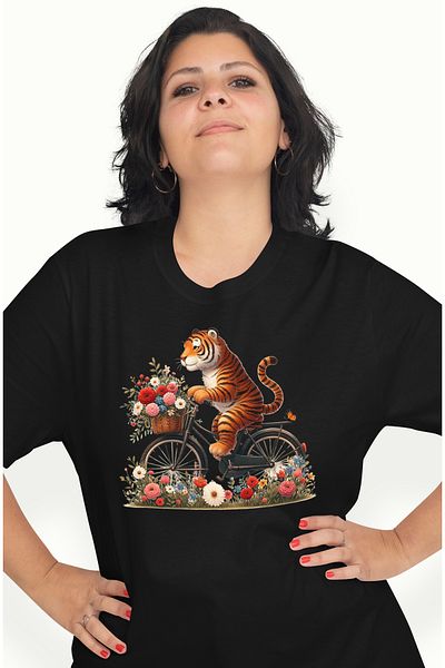 StoryGift Romania Women's T-shirt with a tiger riding a bike, illustration, walking, basket BLK_L