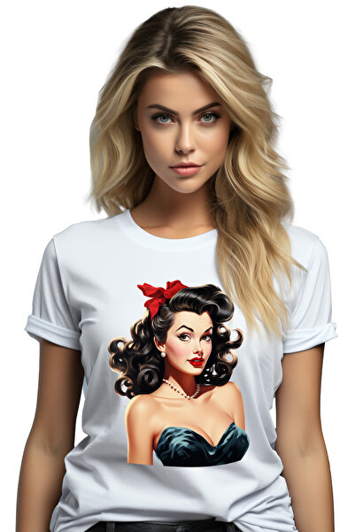 StoryGift Romania Tricou Femei cu o femeie frumoasa bruneta, ilustratie, stil retro, vechi, de mod WHT_L