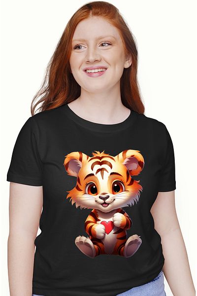 StoryGift Romania Women's T-shirt with a happy tiger cub, illustration, heart, appreciation, acknowledge BLK_L