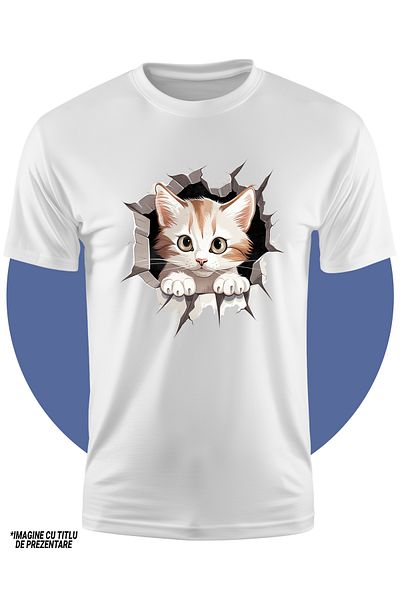 StoryGift Romania Tricou Copii Cu O Pisicuta Care Scoate Capul Printr-un Zid Spart, Ilustratie, Ezita, Surpr