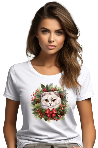 StoryGift Romania Tricou Femei cu o pisica alba cu ochi galbeni, ilustratie, ...