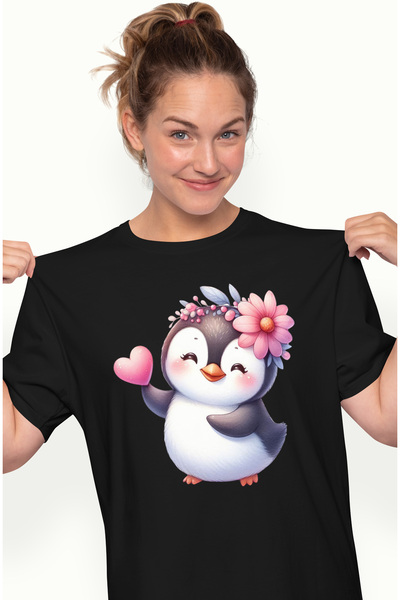 StoryGift Romania Tricou Femei cu un pinguin bucuros, ilustratie, inimioara, ...