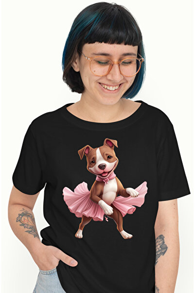StoryGift Romania Tricou Femei cu Pitbull in fusta de balerina, caine, animal de companie, ilustra BLK_L