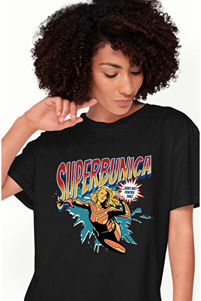 StoryGift Romania Tricou Femei Super Bunica, SuperErou Sunt Aici Pentru Tine, cu imprimeu pe Fata BLK_L