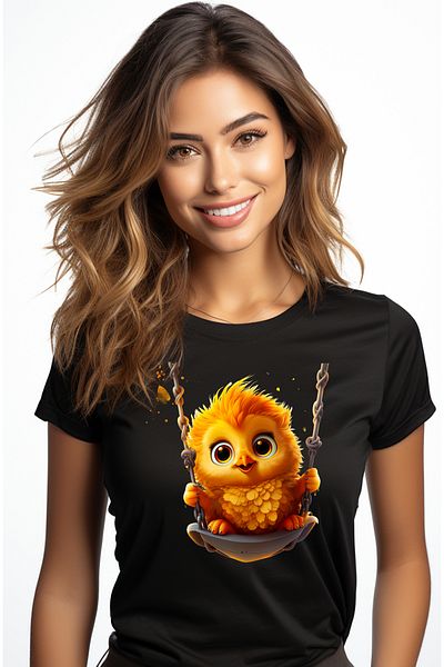StoryGift Romania Tricou Femei cu un puisor care se da in leagan, ilustratie, pasare, joaca, vesel BLK_L