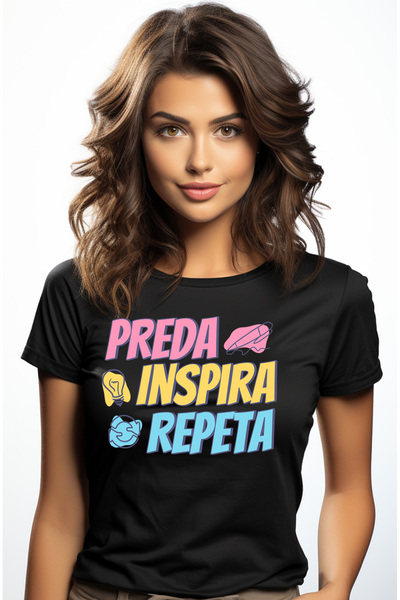 StoryGift Romania Tricou Femei preda inspira repeta profesori educatie scoala cu imprimeu pe Fata, BLK_L