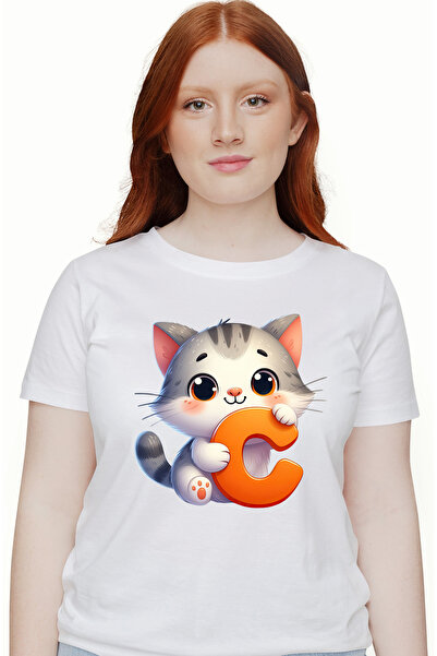 StoryGift Romania Tricou Femei cu un pisoi cu litera "C", ilustratie, pentru ...