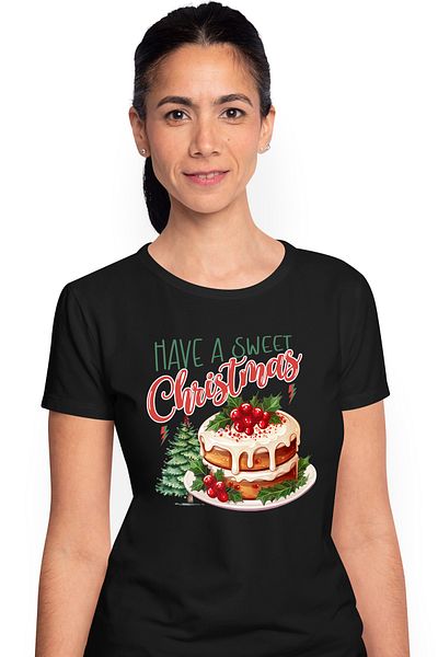 StoryGift Romania Tricou Femei cu un tort cu mesajul "Have a sweet Christmas", Craciun fericit, il BLK_L