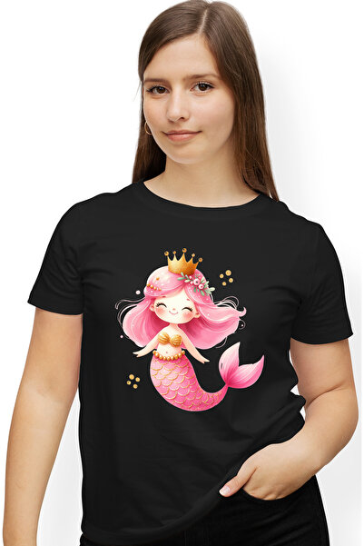 StoryGift Romania Tricou Femei cu mica sirena, ilustratie, coroana din aur, p...
