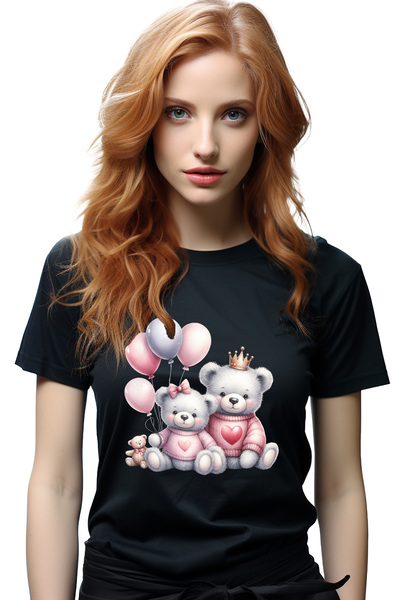 StoryGift Romania Tricou Femei cu o ursoaica si un urs, ilustratie, baloane colorate, coroana, fer BLK_L
