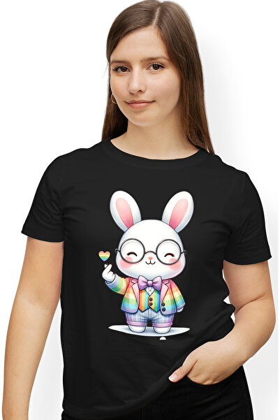 StoryGift Romania Tricou Femei cu un iepuras vesel, ilustratie, ochelari, fun...