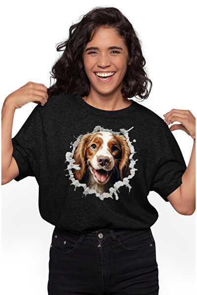 StoryGift Romania Tricou Femei cu un caine care scoate capul printr-un perete spart, jucaus, bucur BLK_L