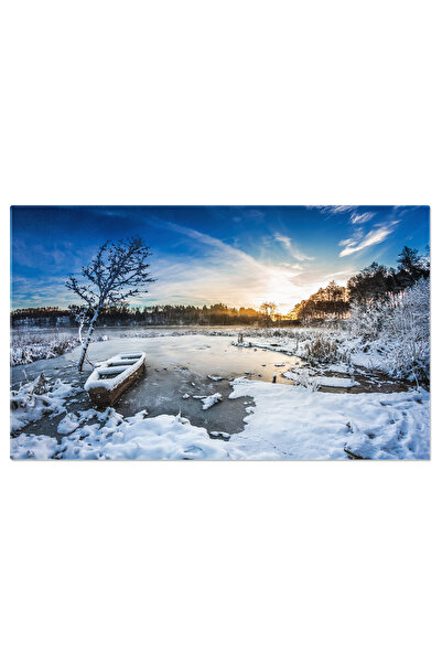 StoryGift Romania Tablou Canvas Barca Veche Pe Lac Acoperit De Zapada Nori, C...