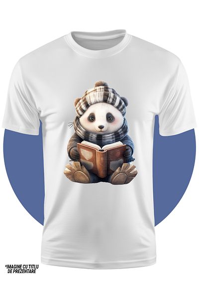 StoryGift Romania Tricou Copii Cu Un Urs Panda Care Tine O Carte Deschisa, Ilustratie, Caciula, Fular, Haina