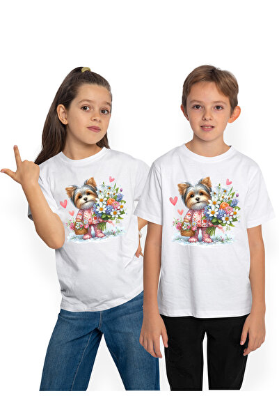 StoryGift Romania Tricou Copii cu un catel blanos care tine un buchet cu flor...