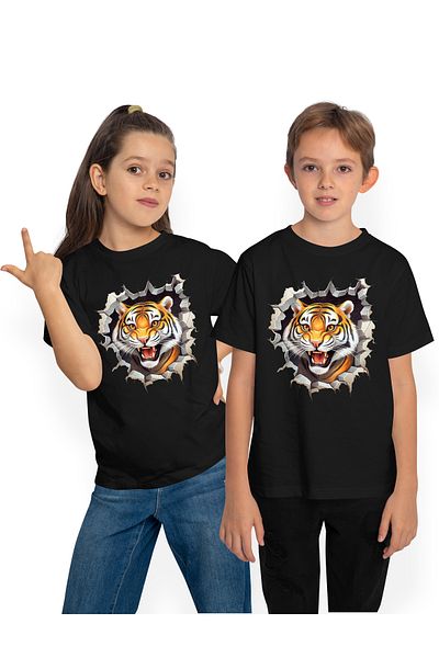 StoryGift Romania Children's T-shirt with an aggressive tiger sticking its head out of a wall, illustration, angry, its