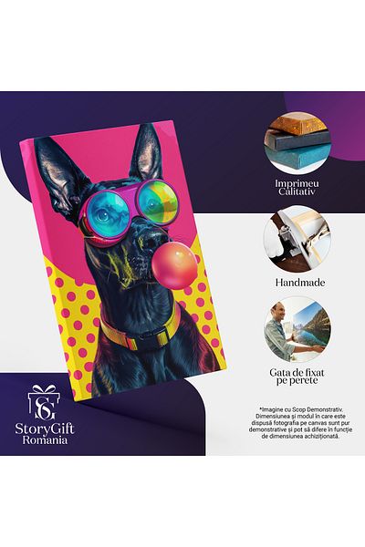 StoryGift Romania Tablou Canvas Câinele Cu Blană Neagră Lucioasă Face Un Balon De Gumă Roz Și Poartă Ochelari , P