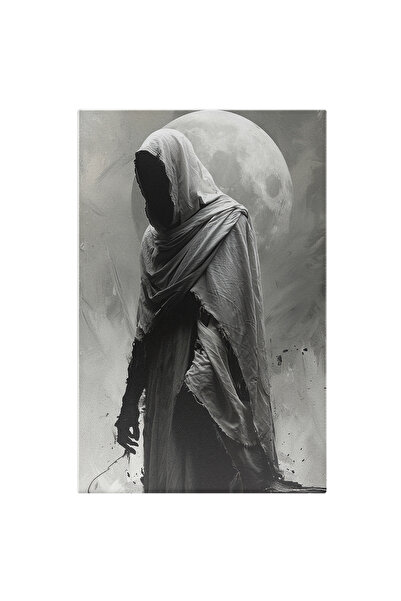 StoryGift Romania Tablou Canvas: Moartea În Straie Vechi Cu Lună Plină- Artă Alb-negru Pictura Digitala