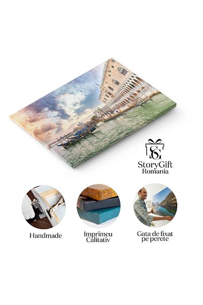 StoryGift Romania Tablou Canvas Peisaj Al Rivei Degli Schiavoni Cu Gondole Parcate, Venetia, Italia, Apa, Arhitec