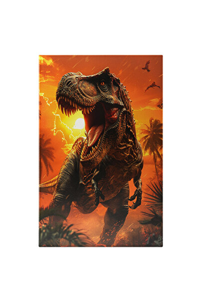StoryGift Romania Tablou Canvas Tiranozaur Fioros Cu Gura Deschisa Si Dinti Ascutiti La Apus De Soare Urla Print