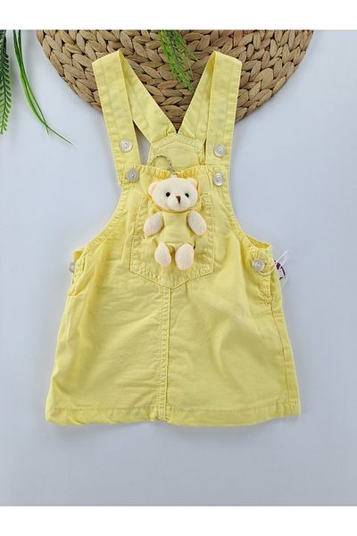 Butik Baby Girl / Child Linen Salopet Dress with Teddy Bear Detail