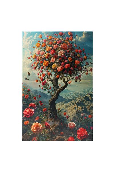 StoryGift Romania Canvas Painting 40 x 25CM Tree with Colorful Roses and Butterflies Around on a Deserted Mountain STG