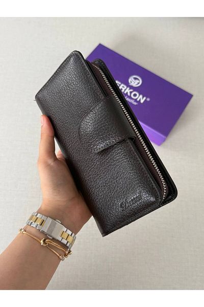 DERKON Genuine Leather Cerny Model Women's Wallet with Plenty of Card Holders Brown