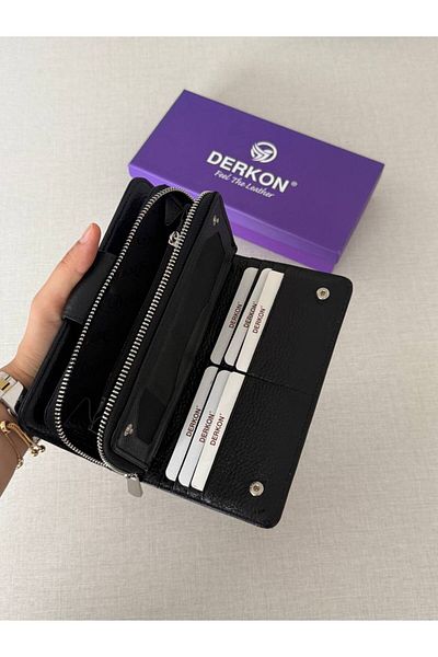 DERKON Genuine Leather Cerny Model Women's Wallet with Plenty of Card Holders Black