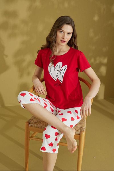 seamlife Women's 100% Cotton Red Heart Patterned Short Sleeve Capri Pajama Set
